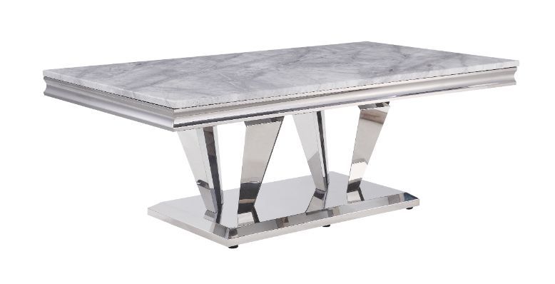 Satinka - Mesa de centro - Acabado en espejo plateado y imitación mármol estampado en gris claro