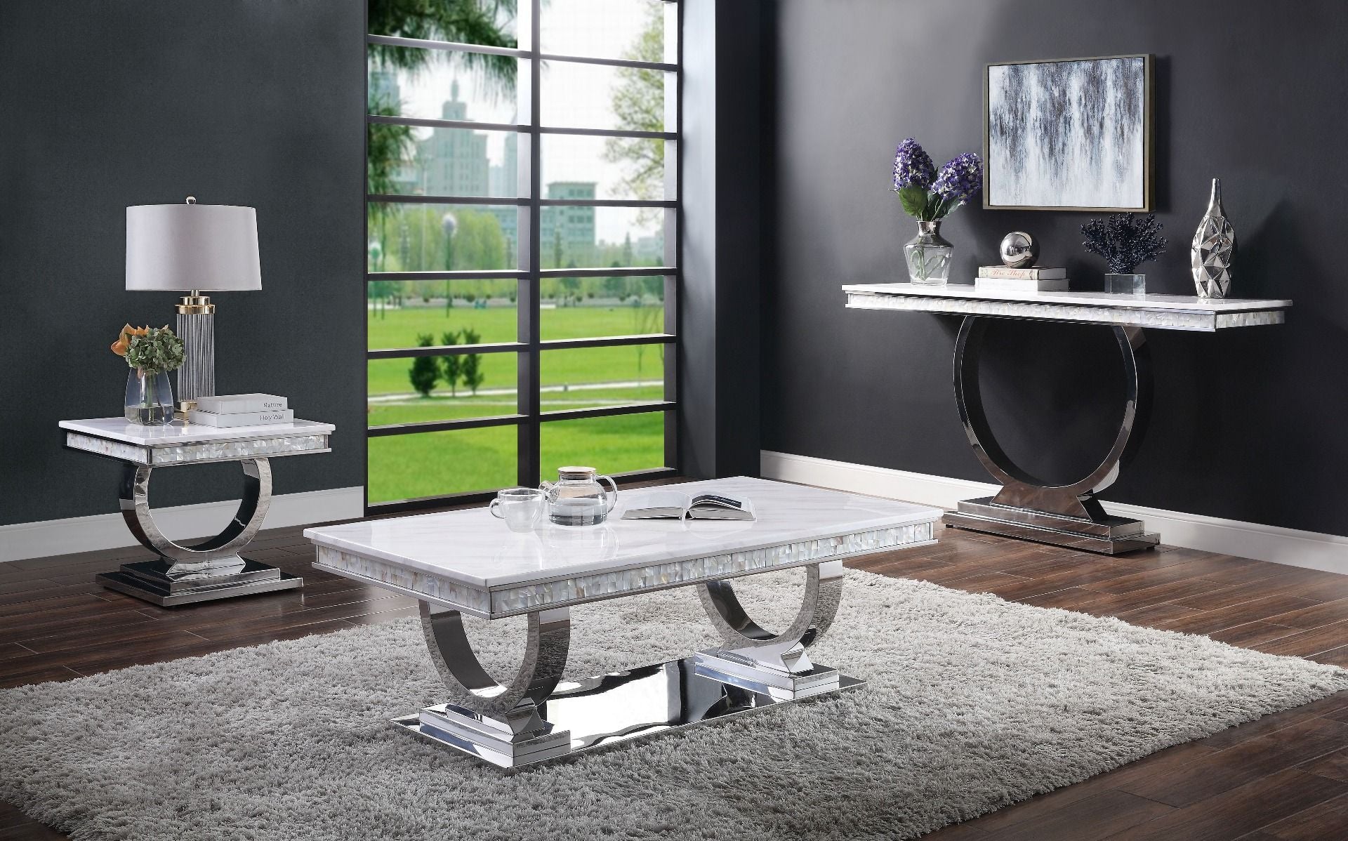 Mesa consola Zander con acabado en imitación mármol blanco y efecto espejo plateado