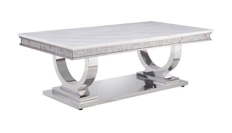 Mesa de centro Zander con acabado en espejo plateado y imitación mármol con estampado blanco