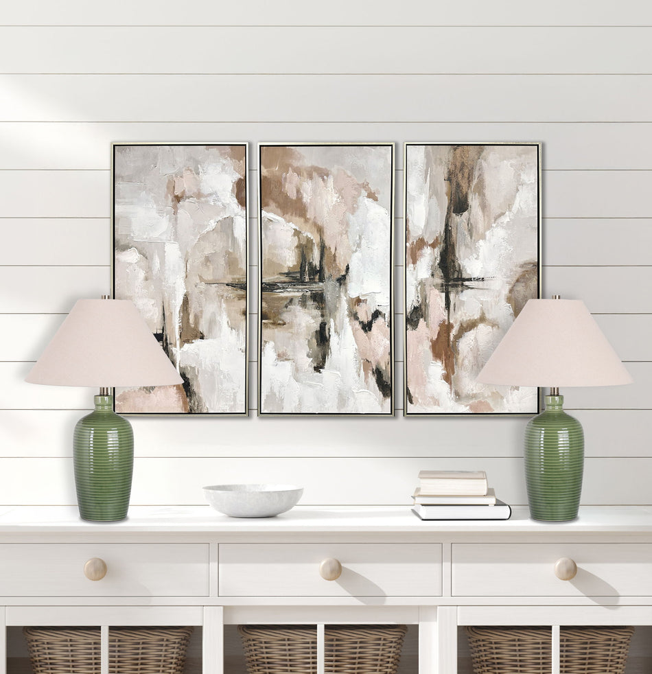 "Verdant Elegance" Ceramic Table Lamp (Set of 2) - Sage Green / Asb