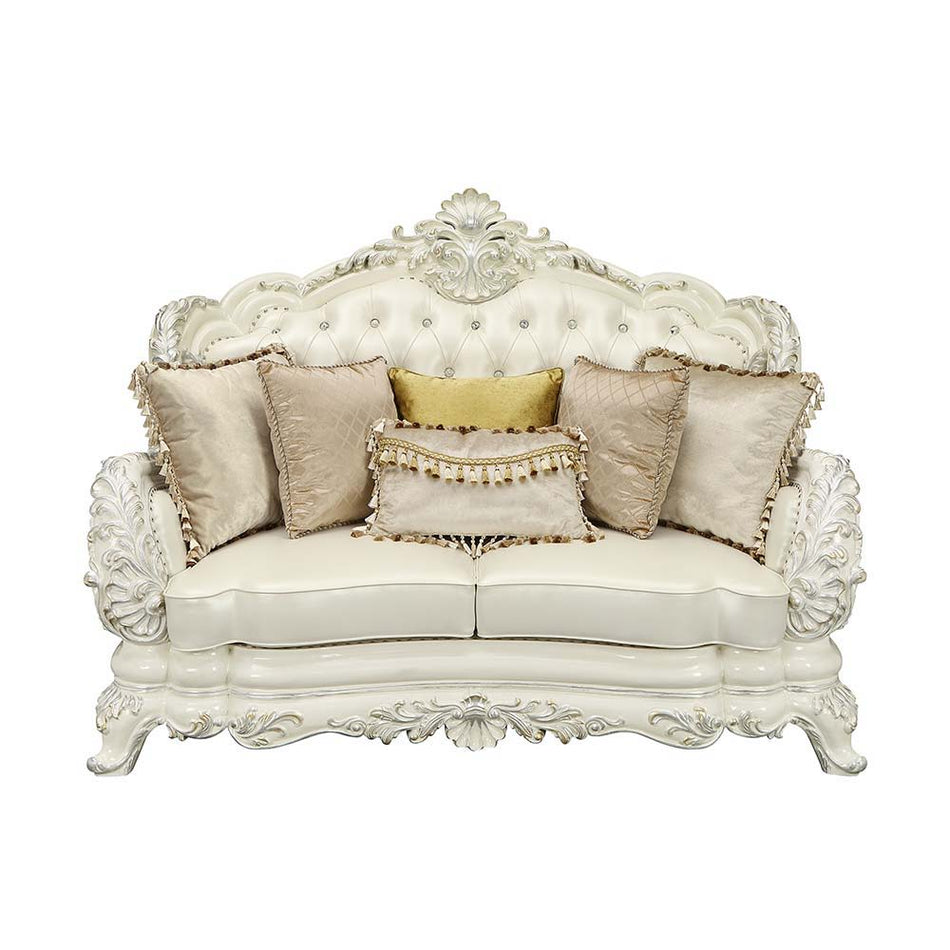 Adara - Loveseat With 5 Pillows - Pearl White Synthetic Leather & Antique White