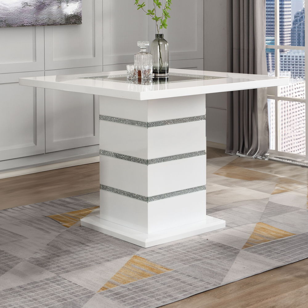 Mesa de altura de mostrador Elizaveta: terciopelo gris, diamantes de imitación de cristal y acabado blanco de alto brillo