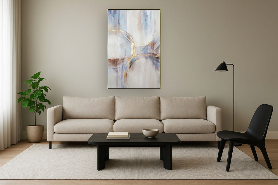 Hand Painted Textured Canvas With Foil In Frame Abstract - Pearl Silver