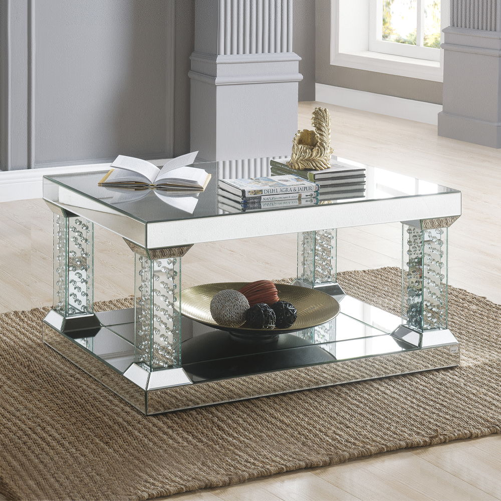 Nysa - Coffee Table - Mirrored & Faux Crystals - Glass - 19"