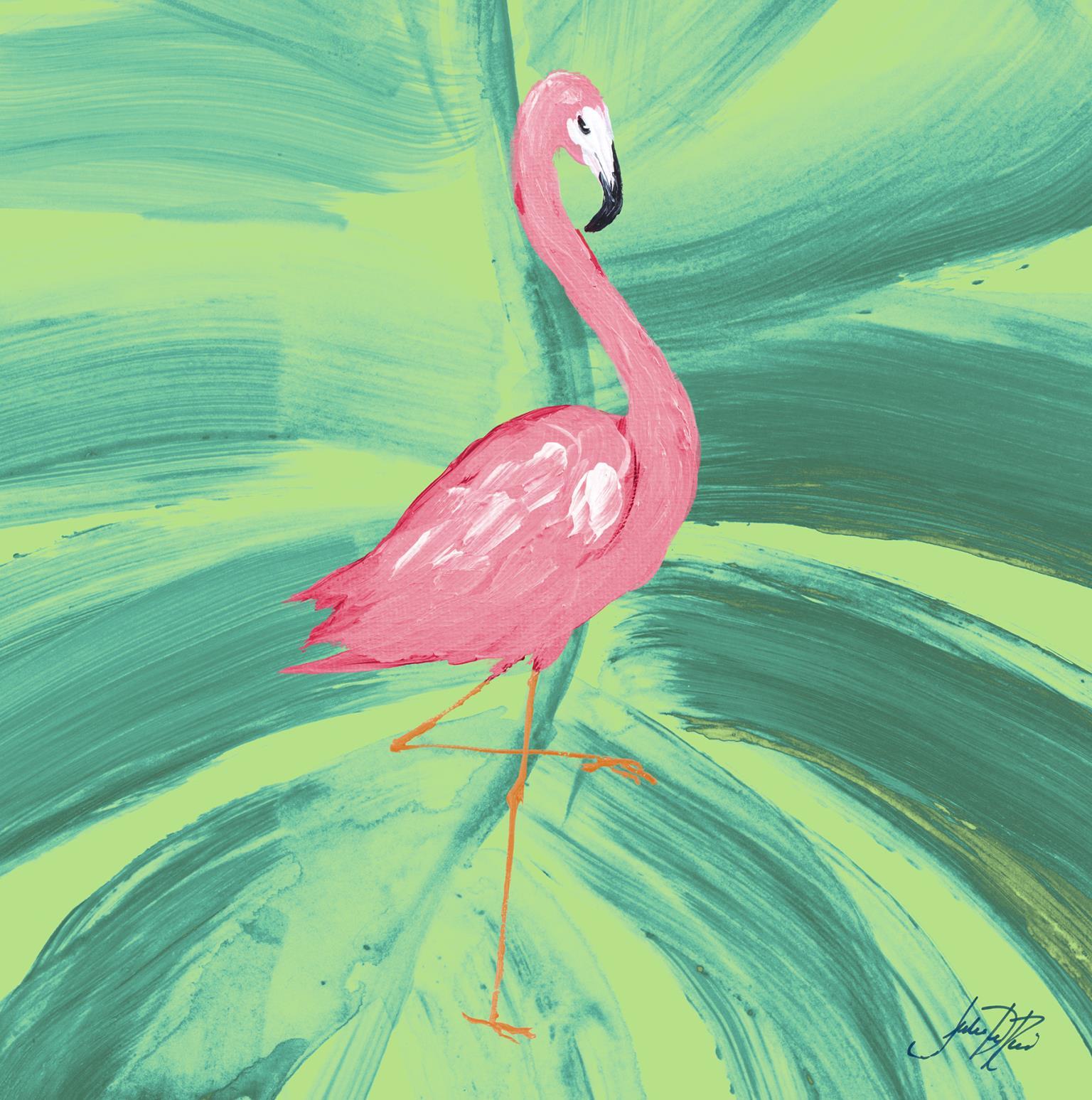 Fancy Flamingo On Palm By Julie Derice (Framed Small) - Green