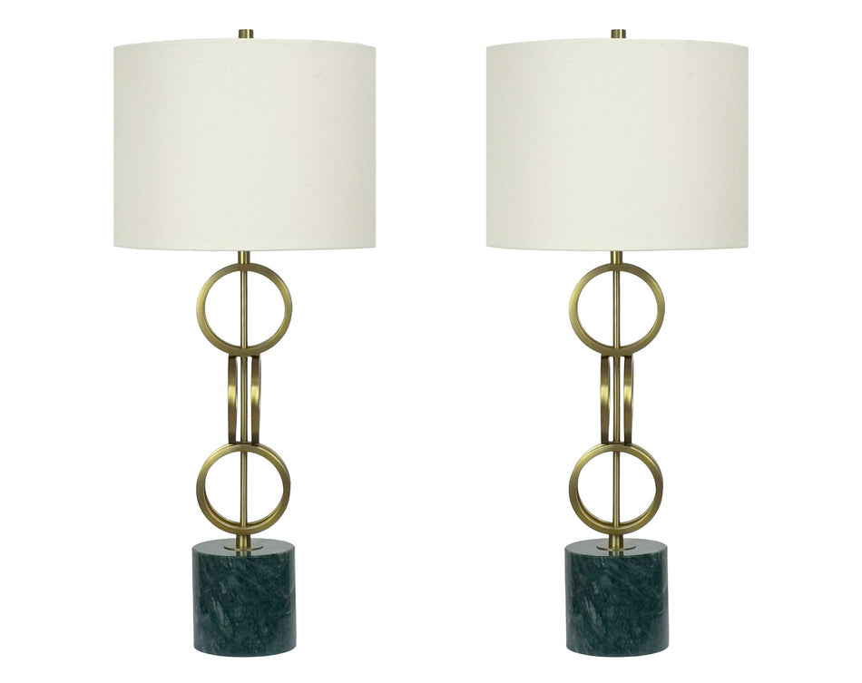 "Marble Harmony" Metal Table Lamp On Marble Base (Set of 2) - Green Marble / Matte Golden Bronze