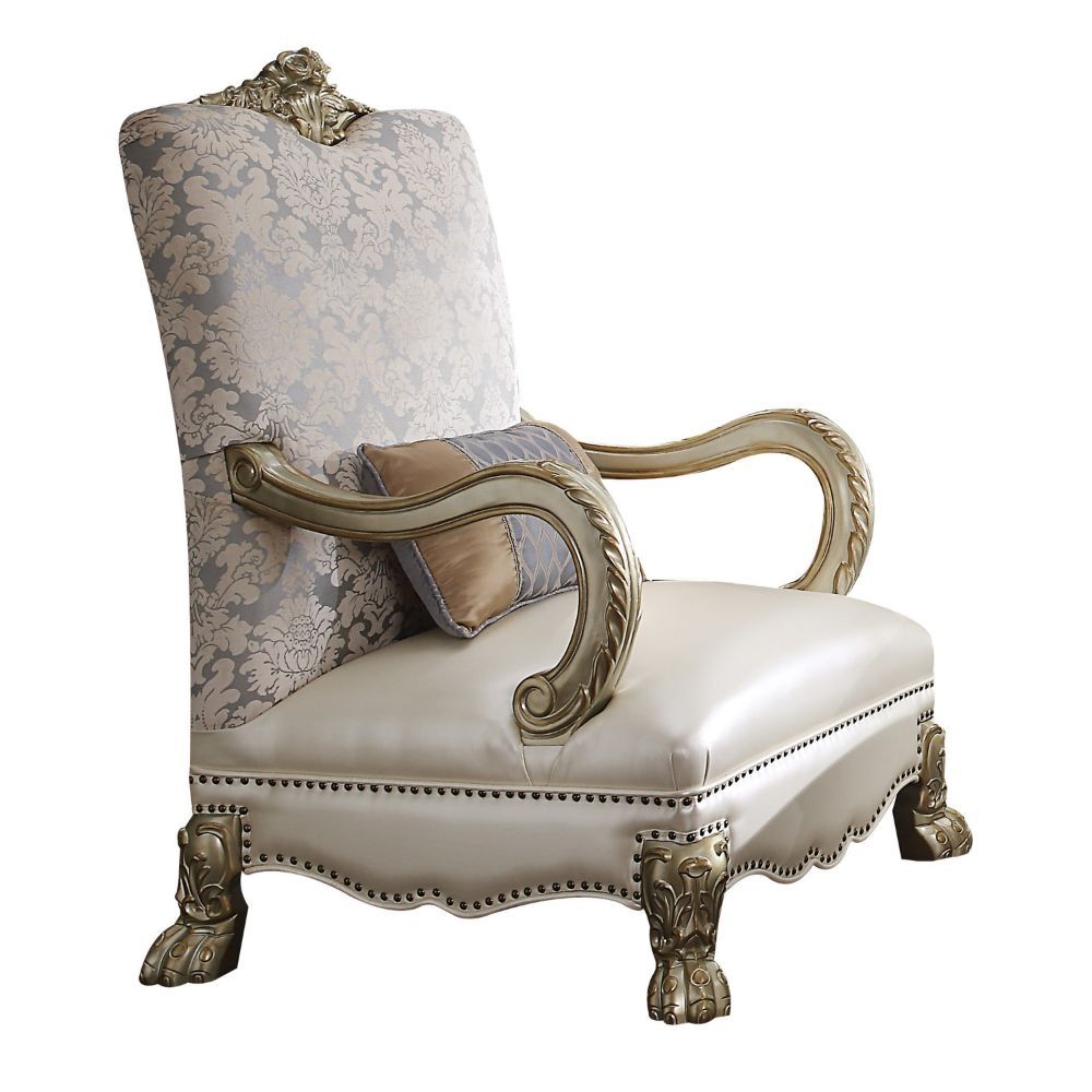 Silla decorativa Dresden II, poliuretano perlado, tela y pátina dorada