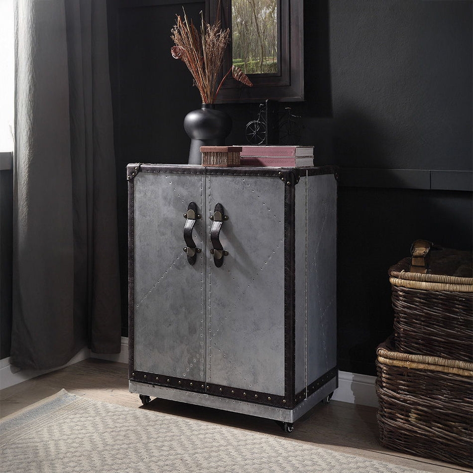 Brancaster - Wine Cabinet - Antique Ebony Top Grain Leather & Aluminum