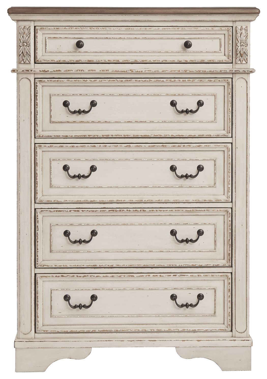 Cómoda de cinco cajones Realyn - Blanca / Marrón / Beige