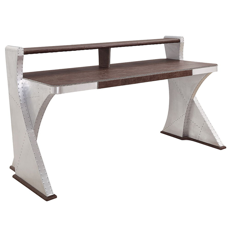 Brancaster - Escritorio - Cuero de grano superior marrón retro y aluminio