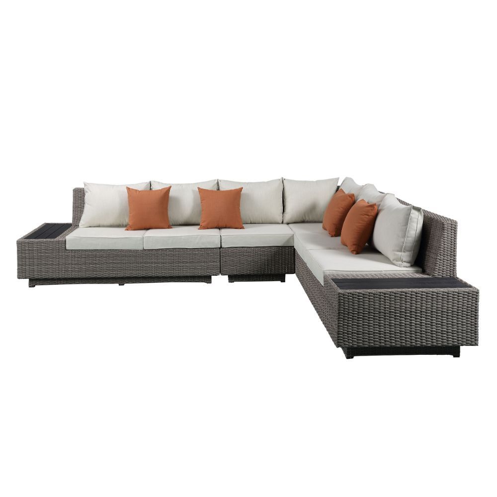 Salena - Mesa de patio - Tela beige y mimbre gris