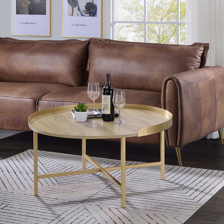 Mithea - Mesa de centro - Tablero de roble y acabado dorado