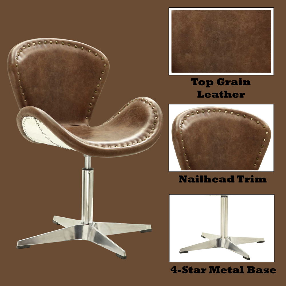 Brancaster - Silla decorativa - Cuero de grano superior marrón retro y aluminio - 33"
