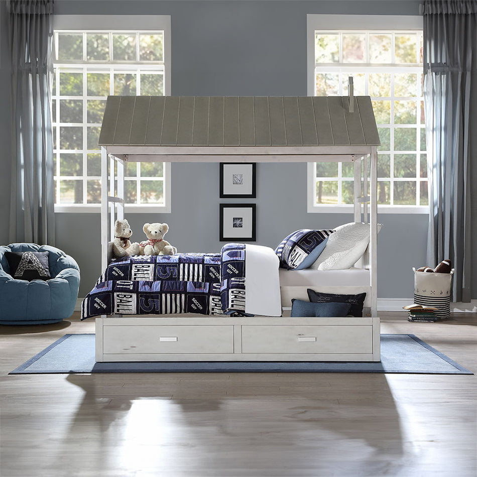 Casa del árbol II - Cama doble - Blanco desgastado y gris lavado