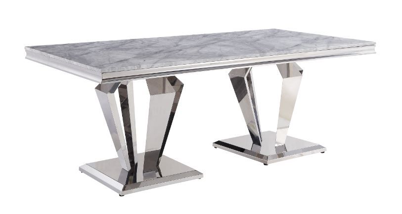 Satinka - Mesa de comedor - Acabado en plata espejada y imitación mármol estampado en gris claro