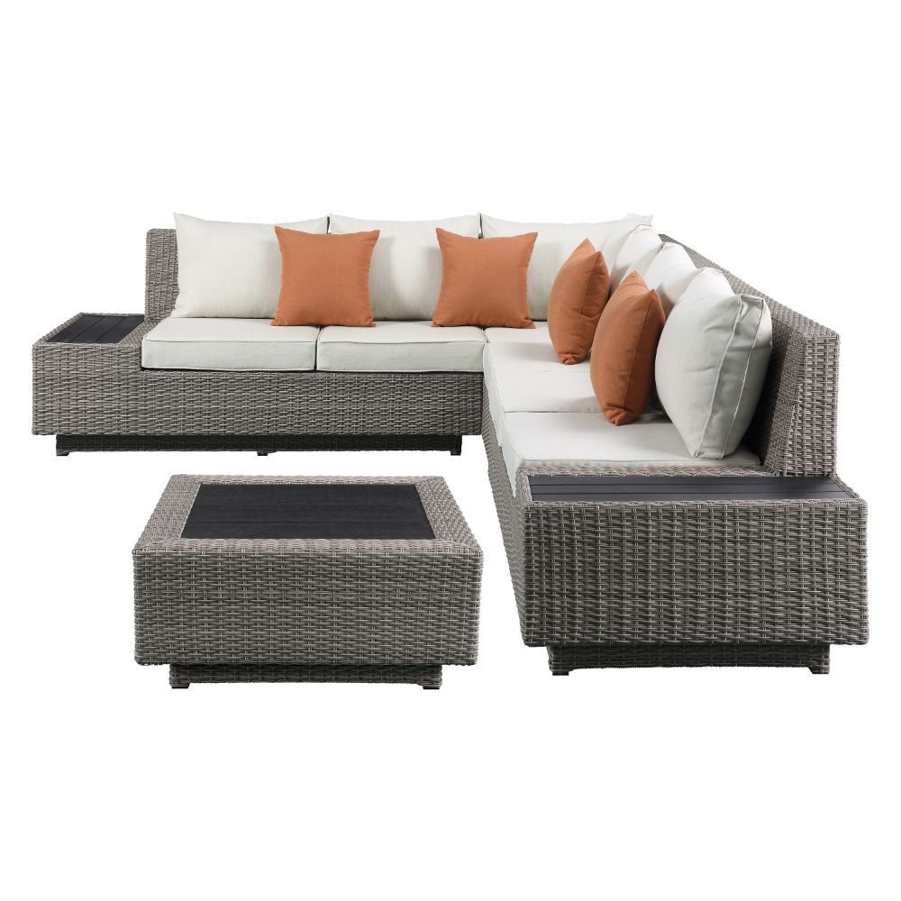 Salena - Mesa de patio - Tela beige y mimbre gris