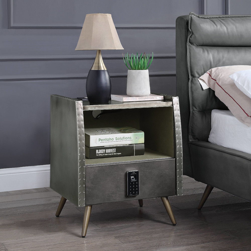 Doris - Nightstand With USB & Electric Lock - Gray Top Grain Leather & Aluminum