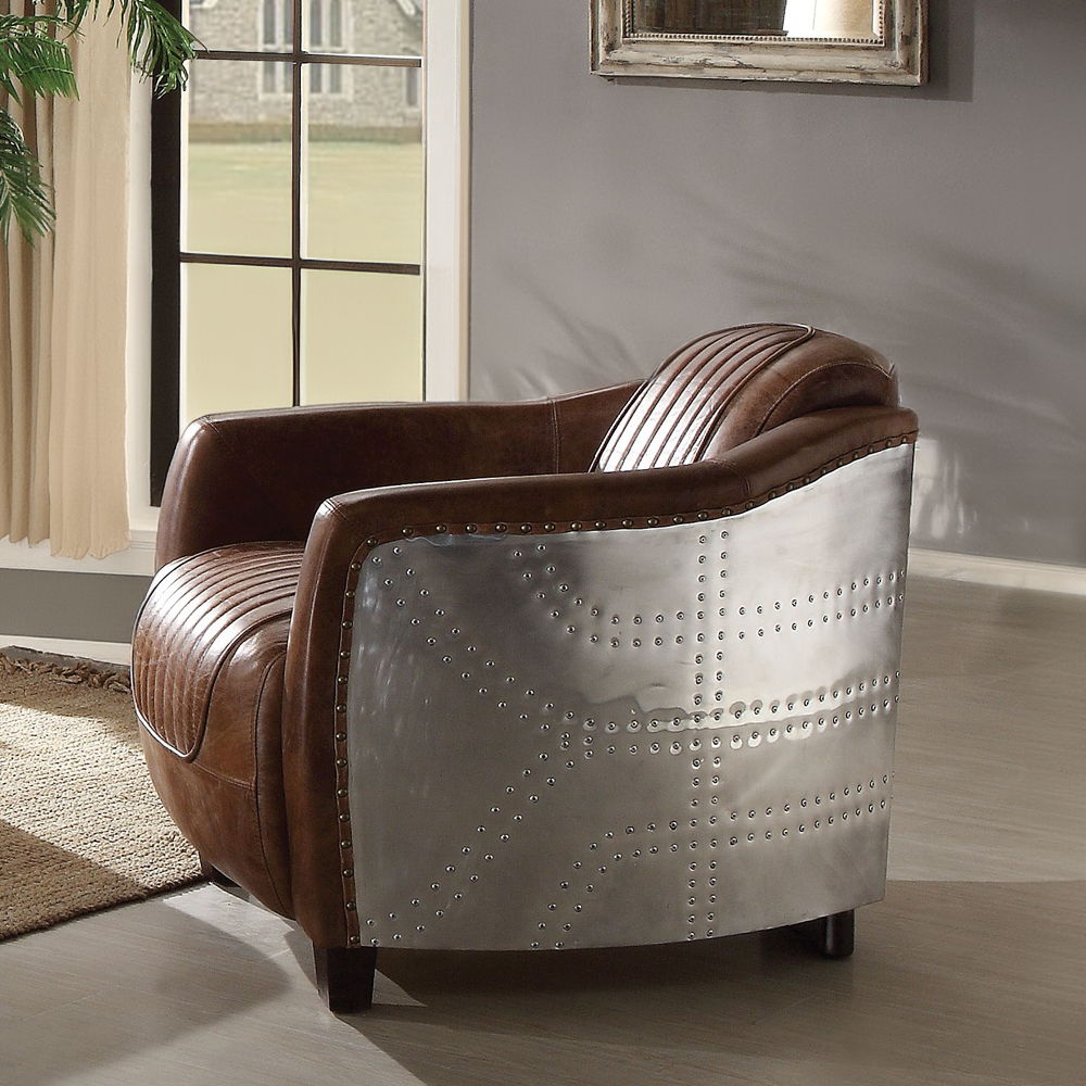Brancaster - Silla - Cuero de grano superior marrón retro y aluminio