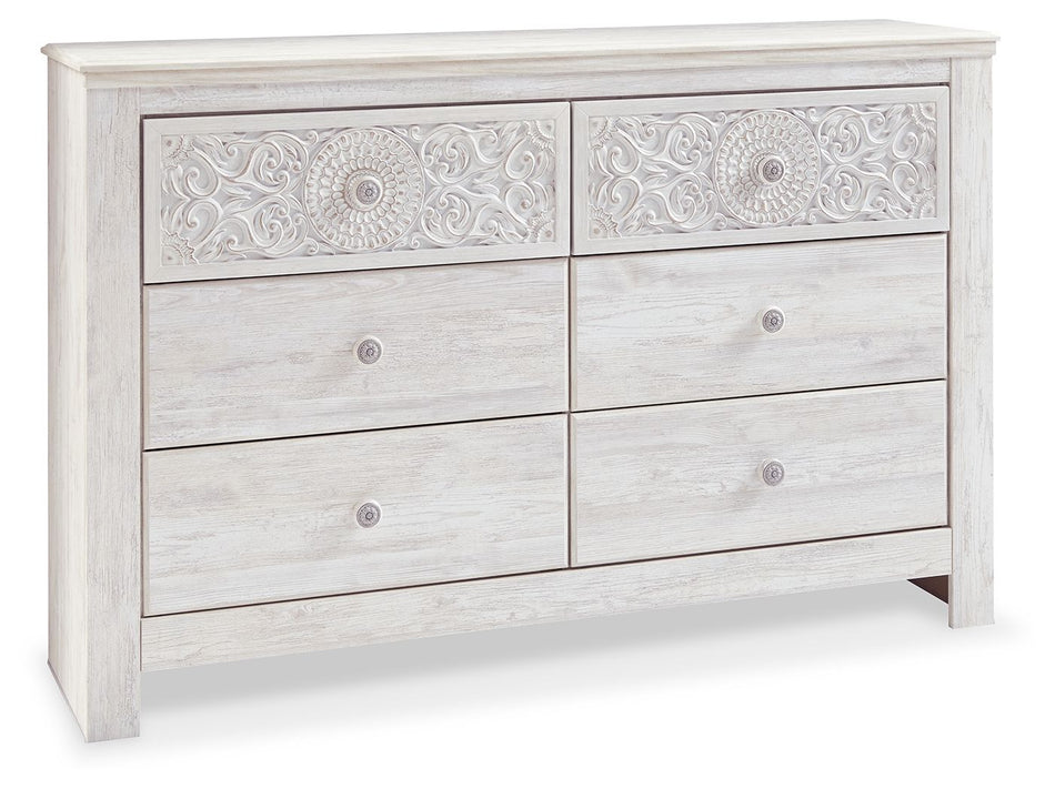 Paxberry - Six Drawer Dresser - Medallion Drawer Pulls - Whitewash
