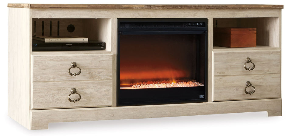 Willowton - Whitewash - Soporte para TV de 64" con inserto de chimenea de vidrio/piedra