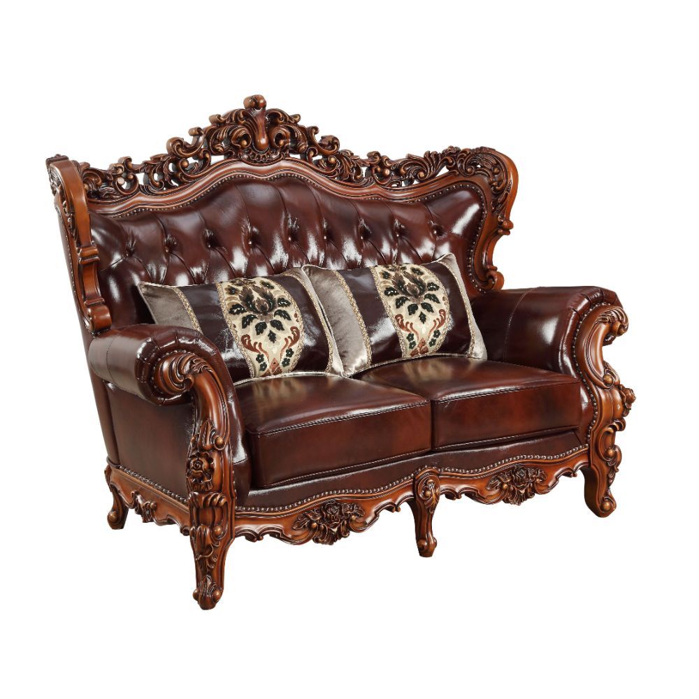 Eustoma - Loveseat - Cuero flor de cerezo a juego y nogal