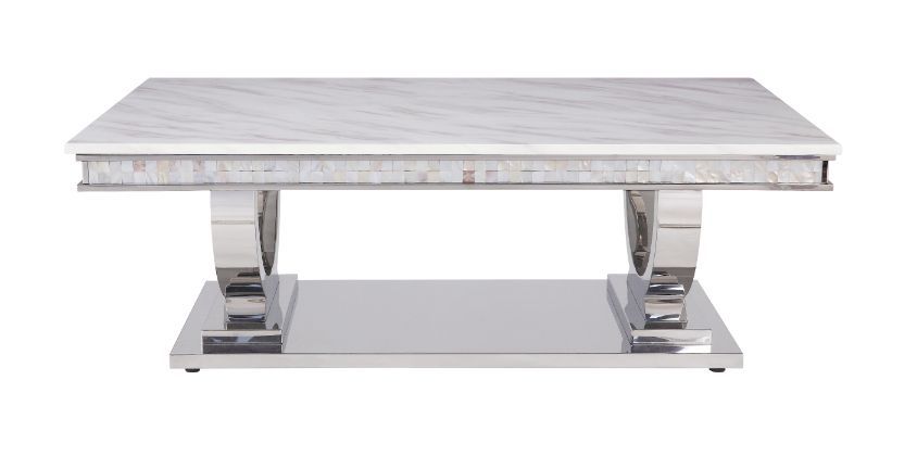 Mesa de centro Zander con acabado en espejo plateado y imitación mármol con estampado blanco