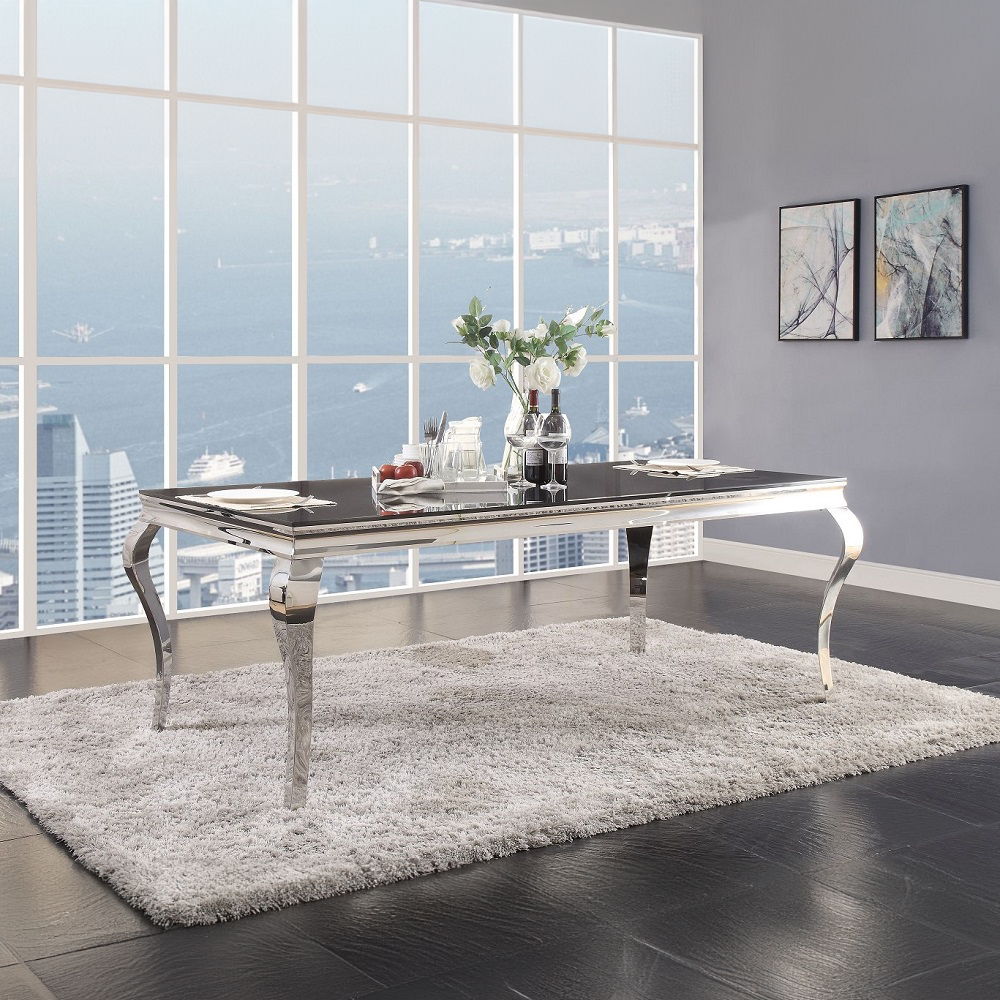 Fabiola - Mesa de comedor - Acero inoxidable y cristal negro