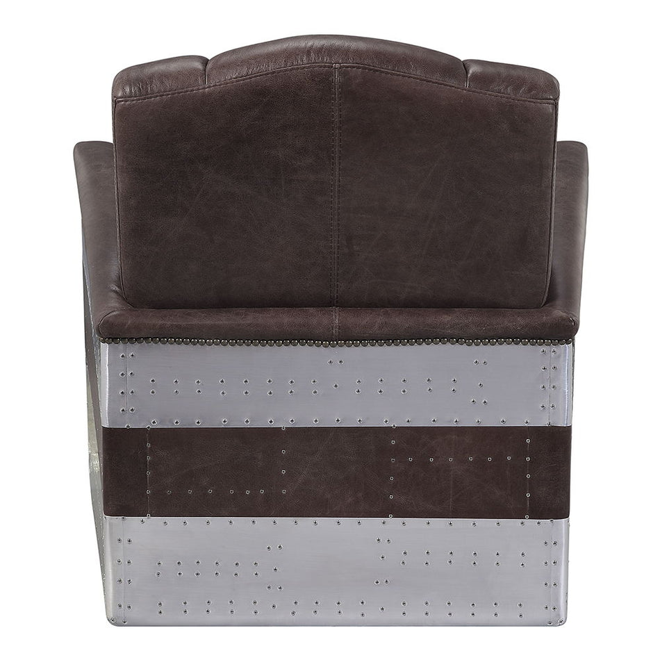 Brancaster - Silla decorativa - Cuero de grano superior marrón retro y aluminio - 35"