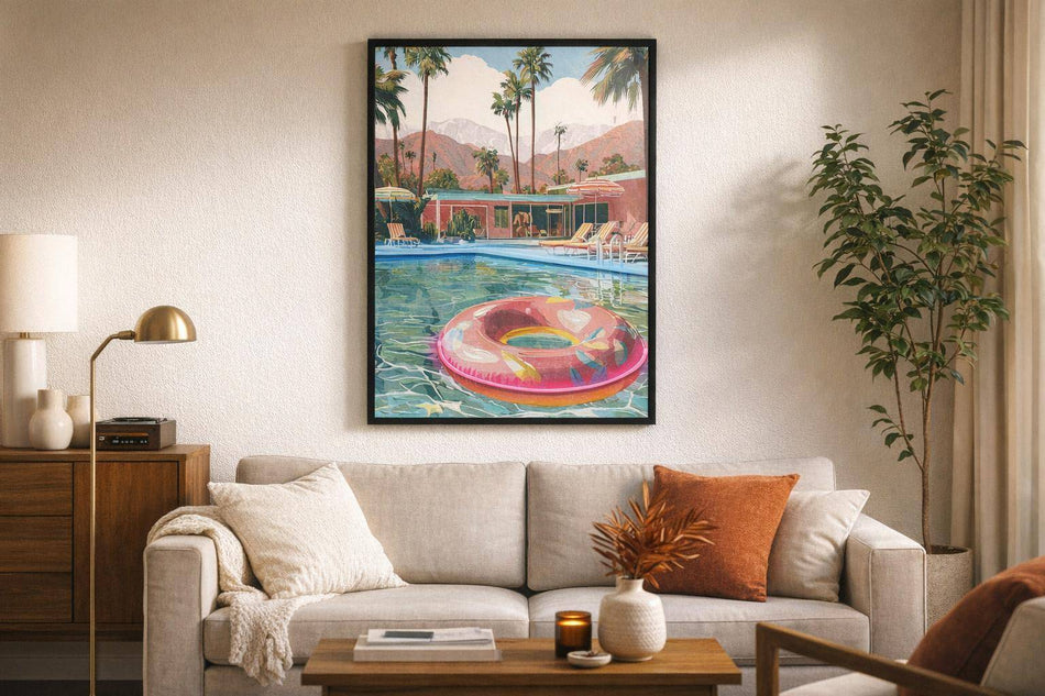 Poolside Escape Hand-Embellished LED Canvas In Frame - Green / Pink