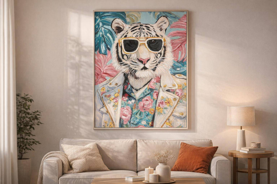 Tropical Rebel Hand-Embellished Canvas In Frame - Aqua / Pink