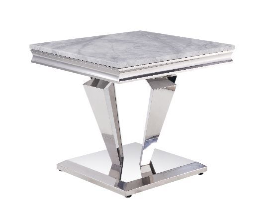 Satinka - Mesa auxiliar - Acabado en plata espejada y imitación mármol estampado en gris claro