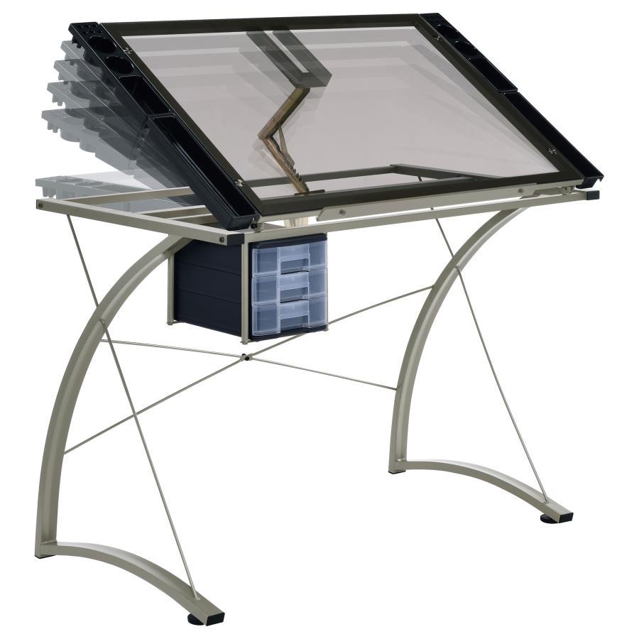 Melo - Glass Top DRAFting Table With Storage - Silver