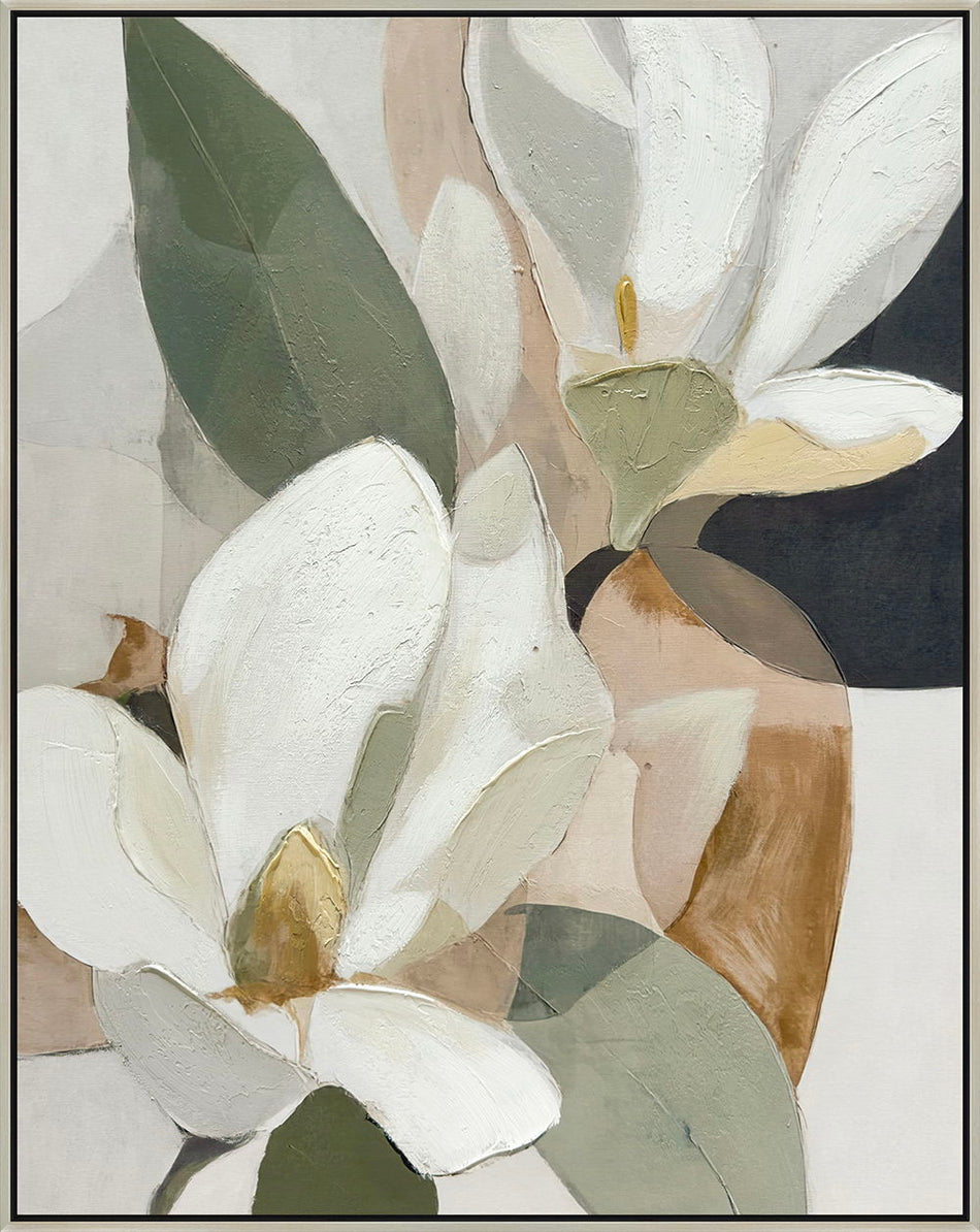 "Magnolia Serenity II" Hand-Embellished Canvas In Frame - Black / Earthy Tones / White