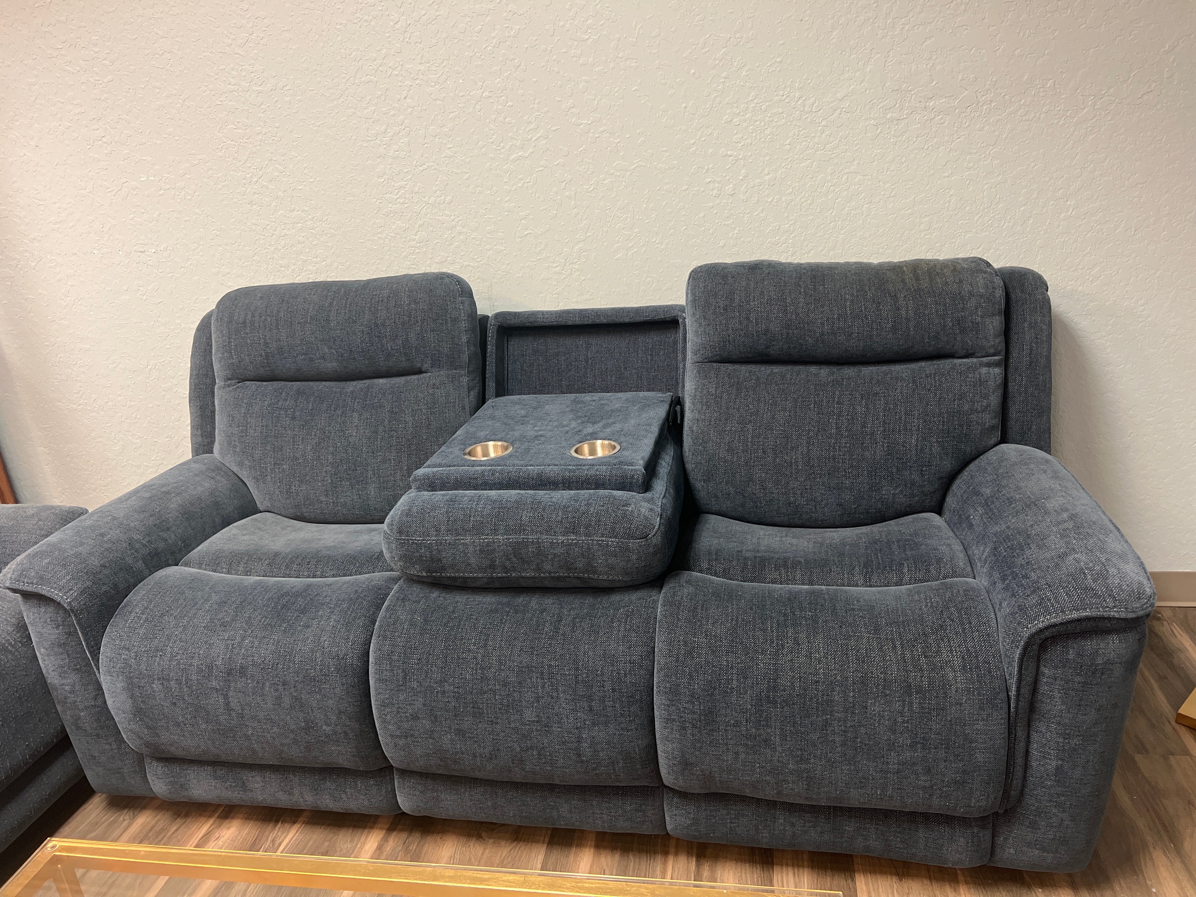 Blue Fabric Manual Reclining Sofa With Pull Down Center Cup Holders