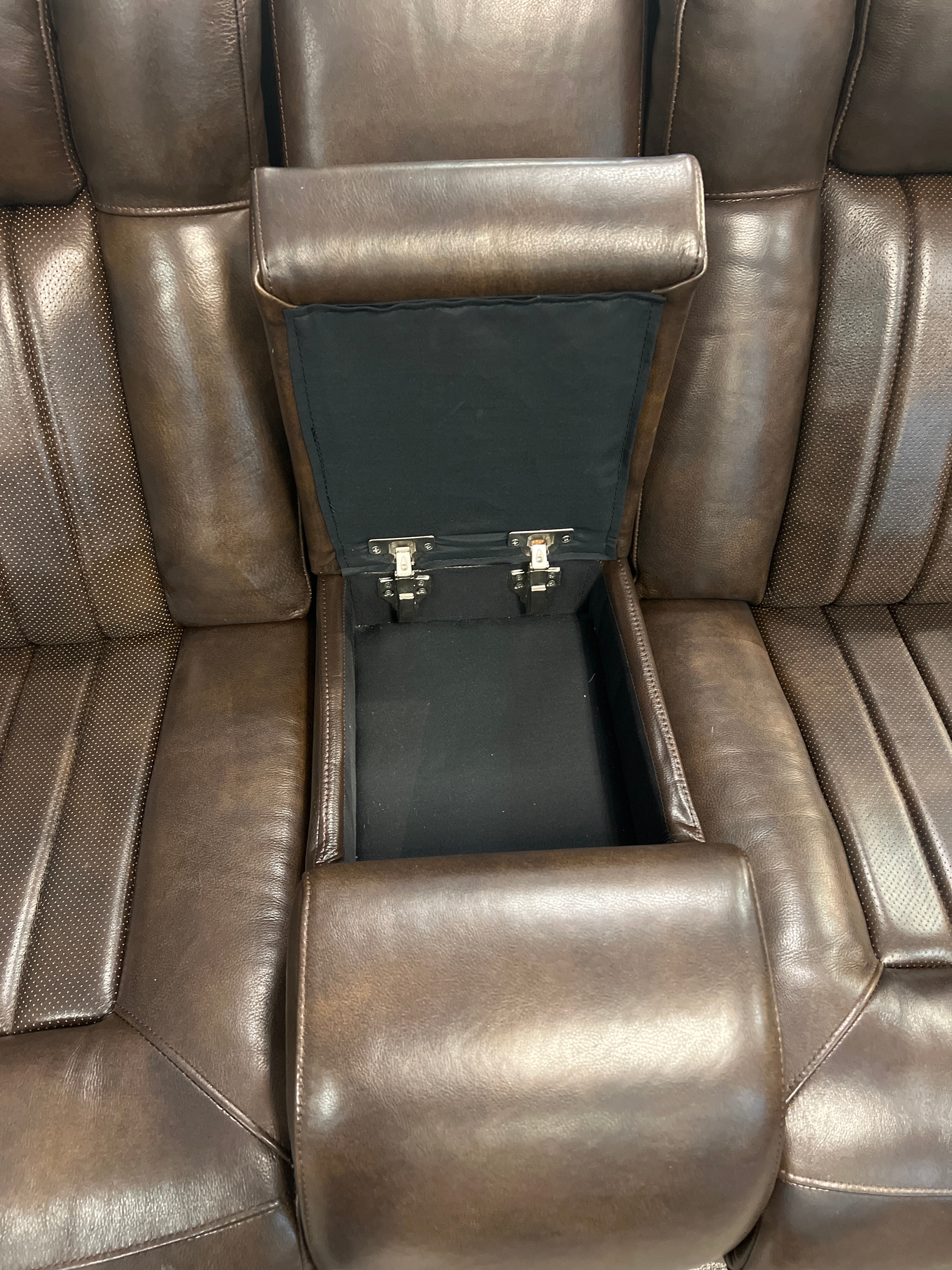 Luxury Dark Brown Motorized Reclining Sofa With Storage And Cup Holders