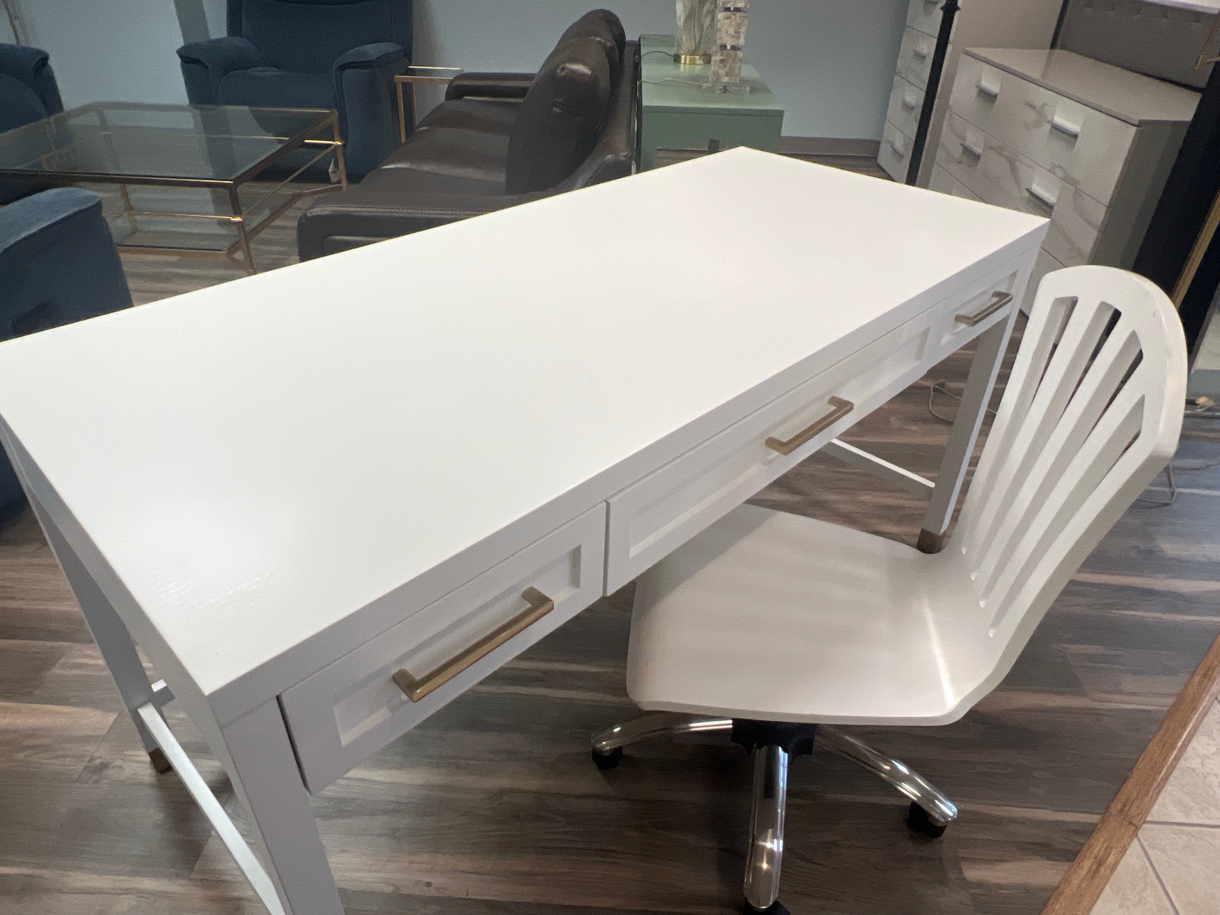 Three Drawer White Desk With A Chair