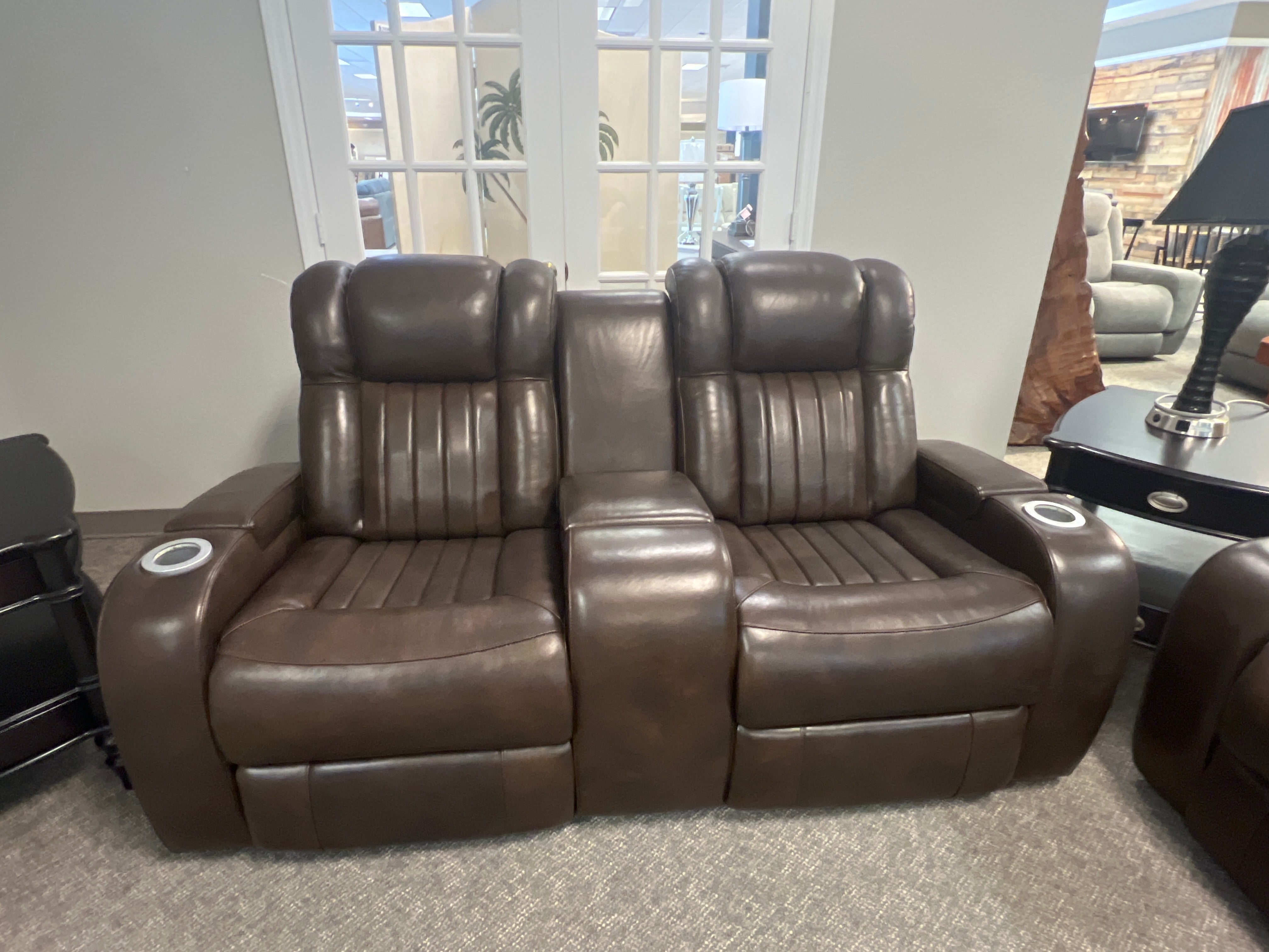 Luxury Dark Brown Motorized Reclining Sofa With Storage And Cup Holders