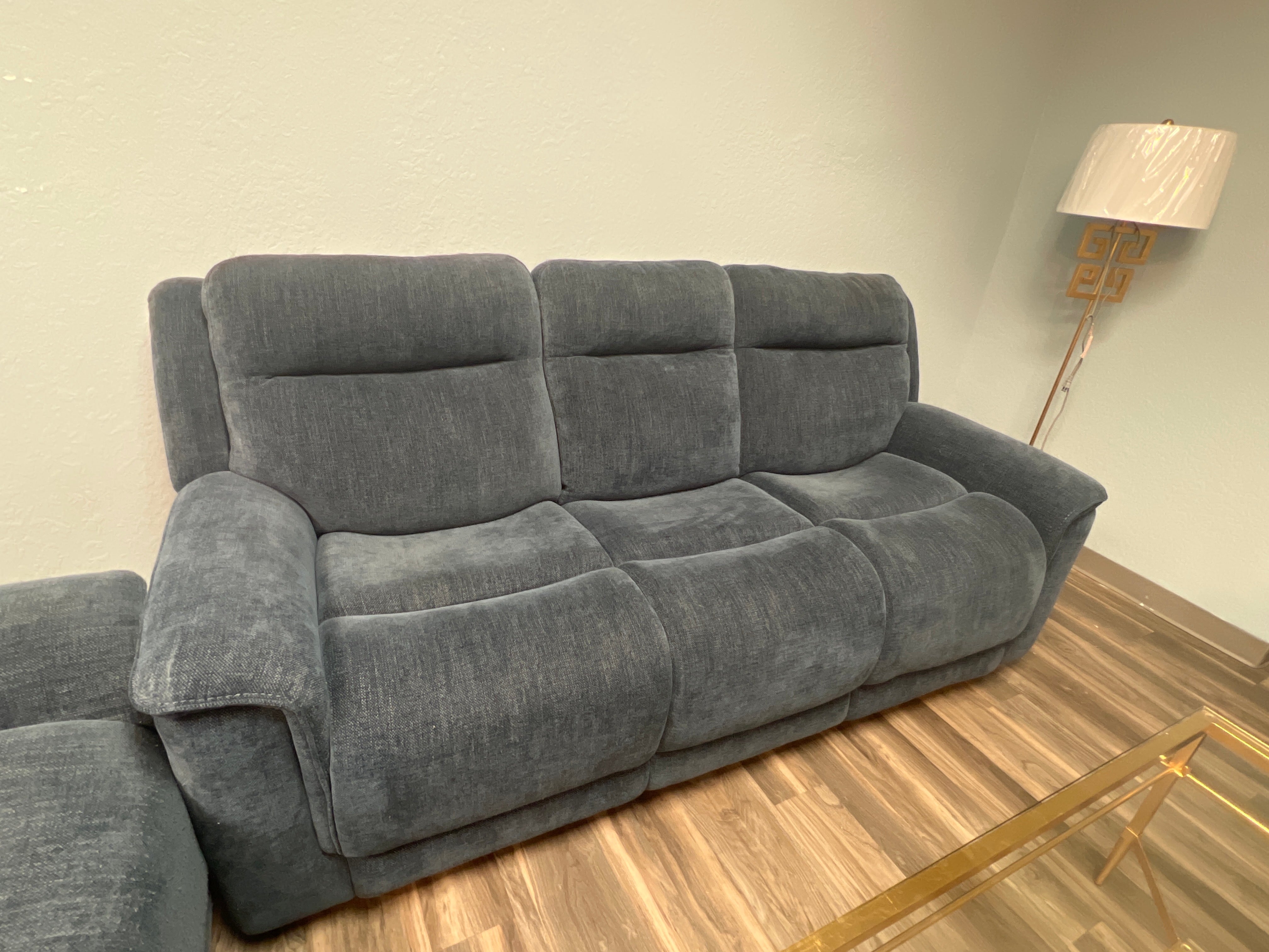 Blue Fabric Manual Reclining Sofa With Pull Down Center Cup Holders