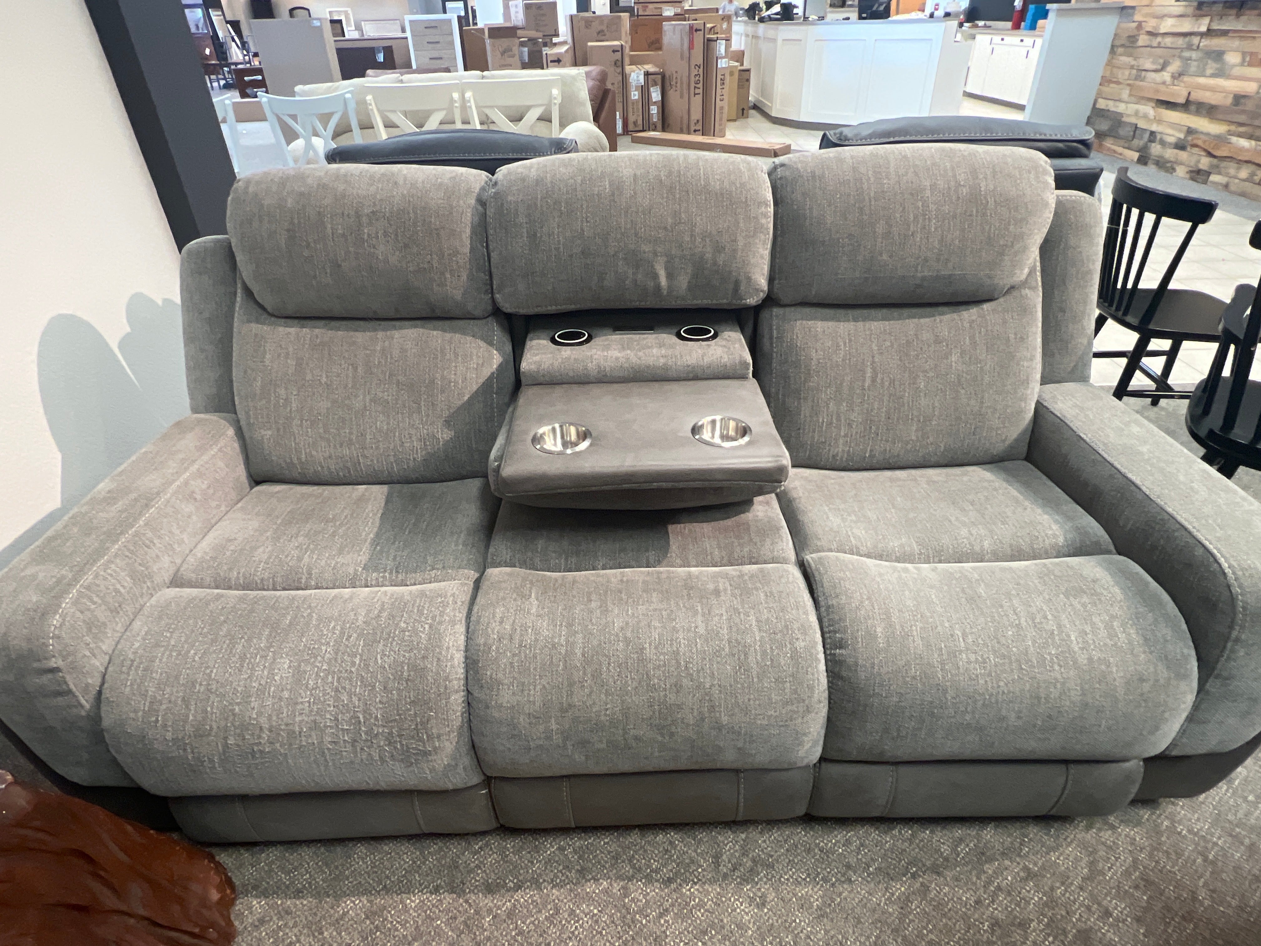 Gray Fabric Motorized Reclining Sofa With Speakers