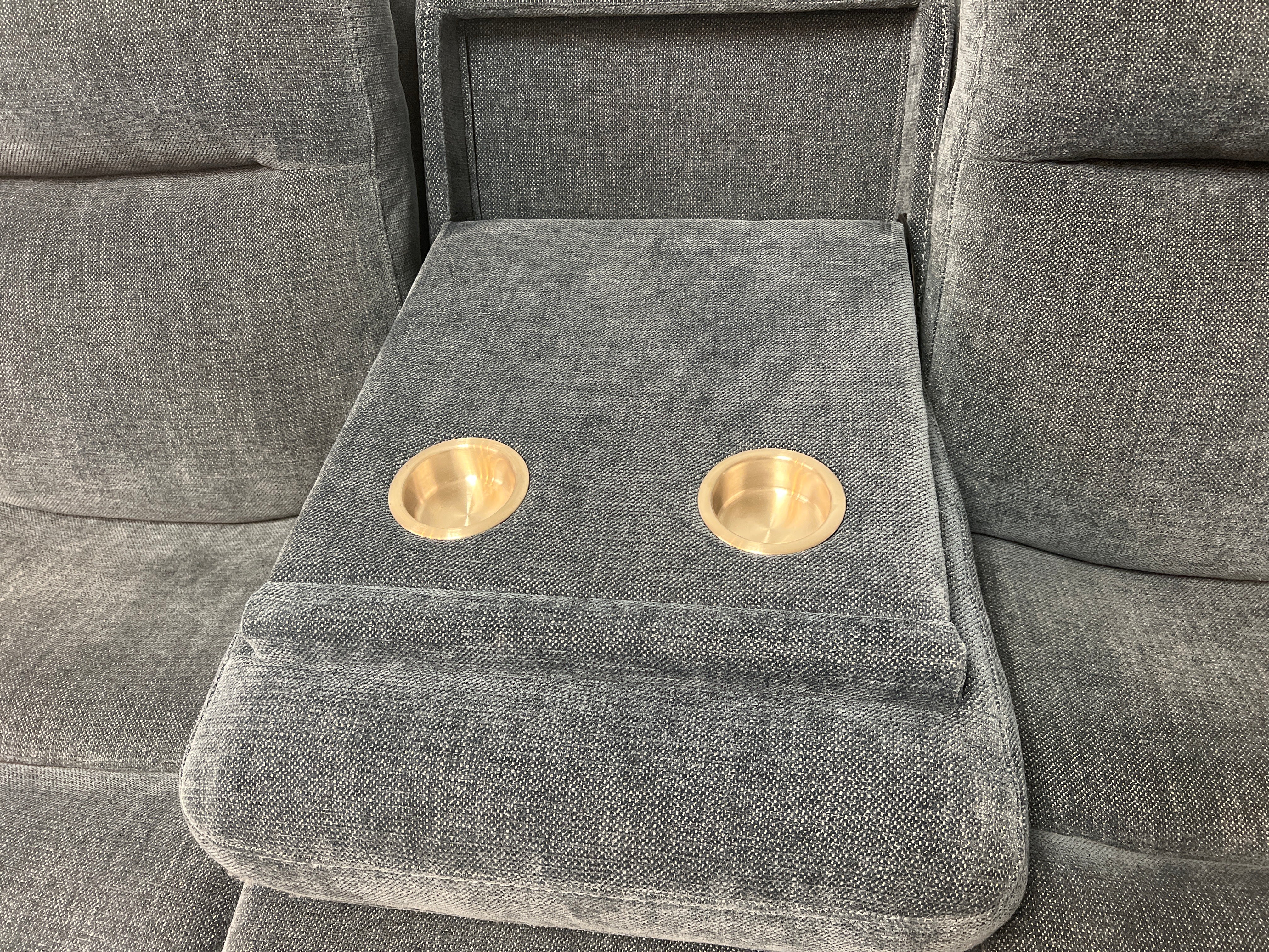 Blue Fabric Manual Reclining Sofa With Pull Down Center Cup Holders