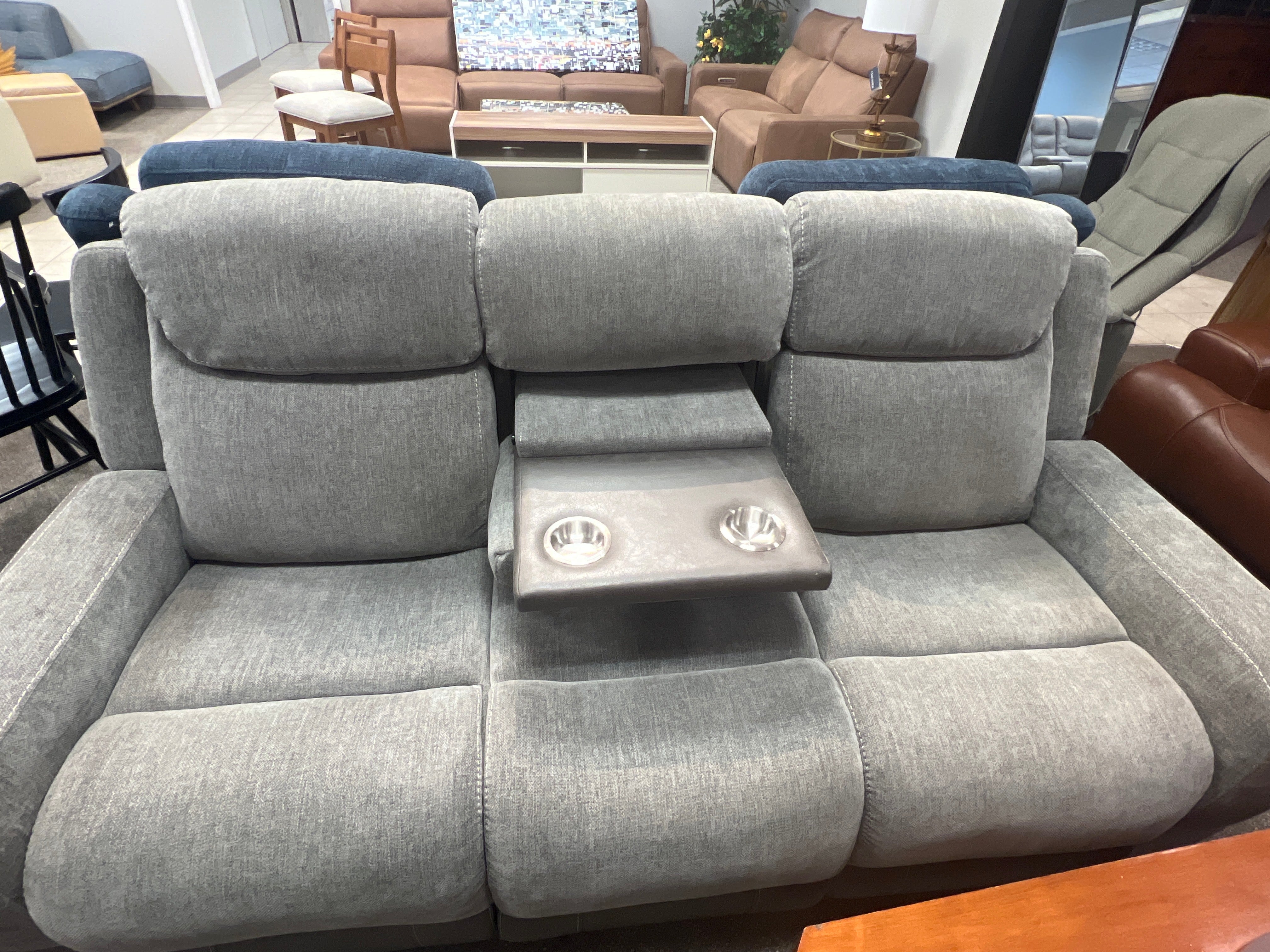 Manual Reclining Sofa With Drop Down Table Light Grey