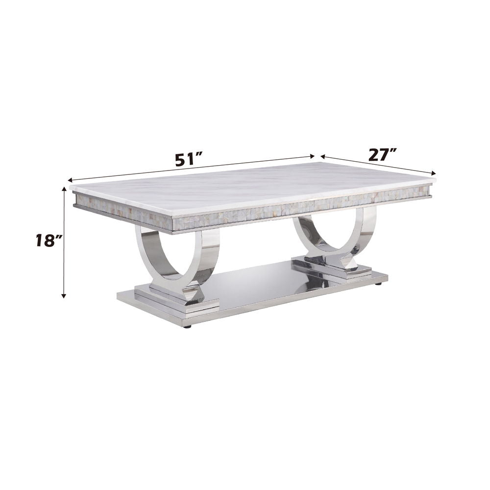 Mesa de centro Zander con acabado en espejo plateado y imitación mármol con estampado blanco