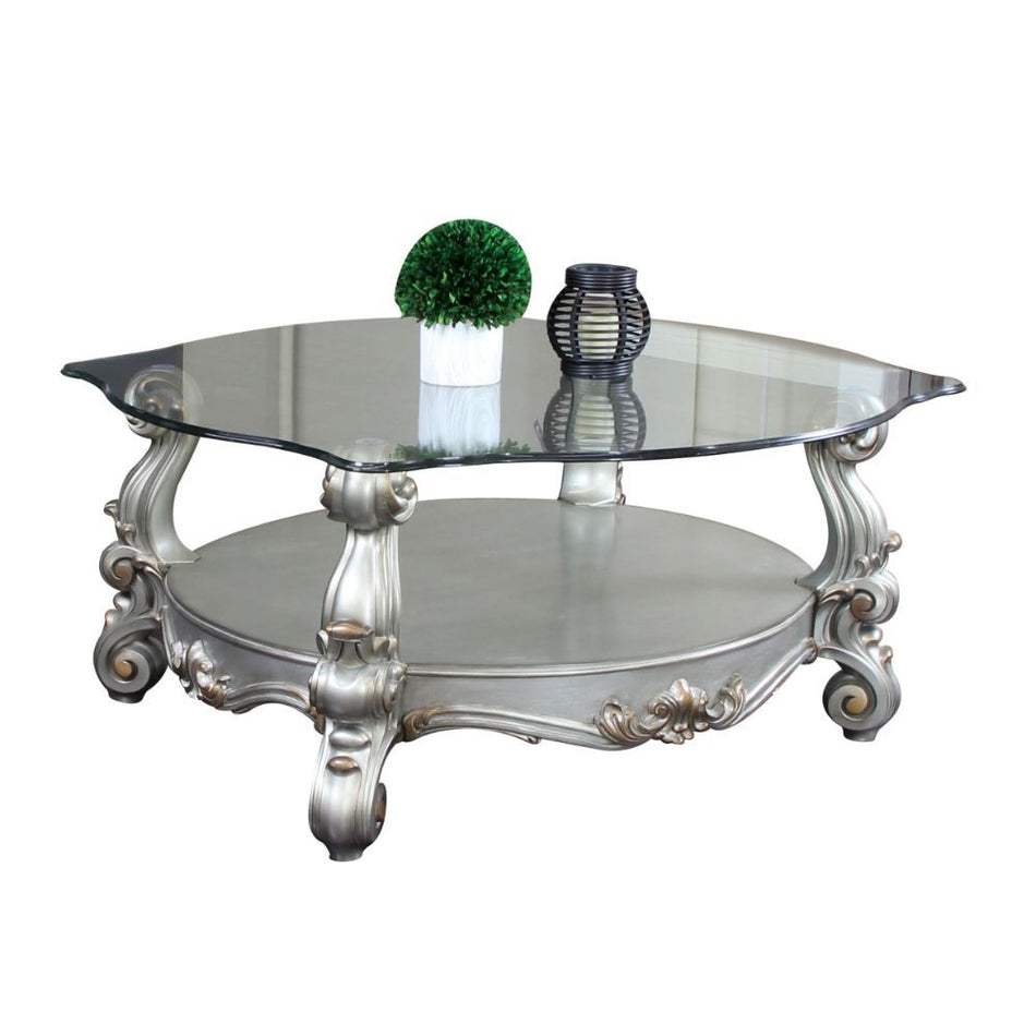 Mesa de centro Versalles, platino antiguo y vidrio transparente, 22"