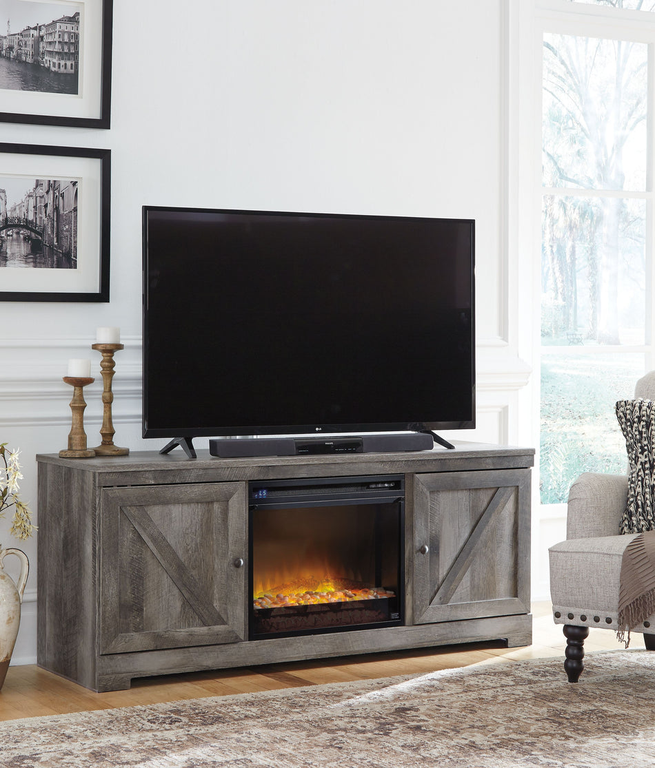 Wynnlow - Gris - Mueble de TV de 63" con inserto de chimenea de vidrio/piedra