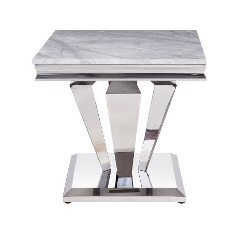Satinka - Mesa auxiliar - Acabado en plata espejada y imitación mármol estampado en gris claro