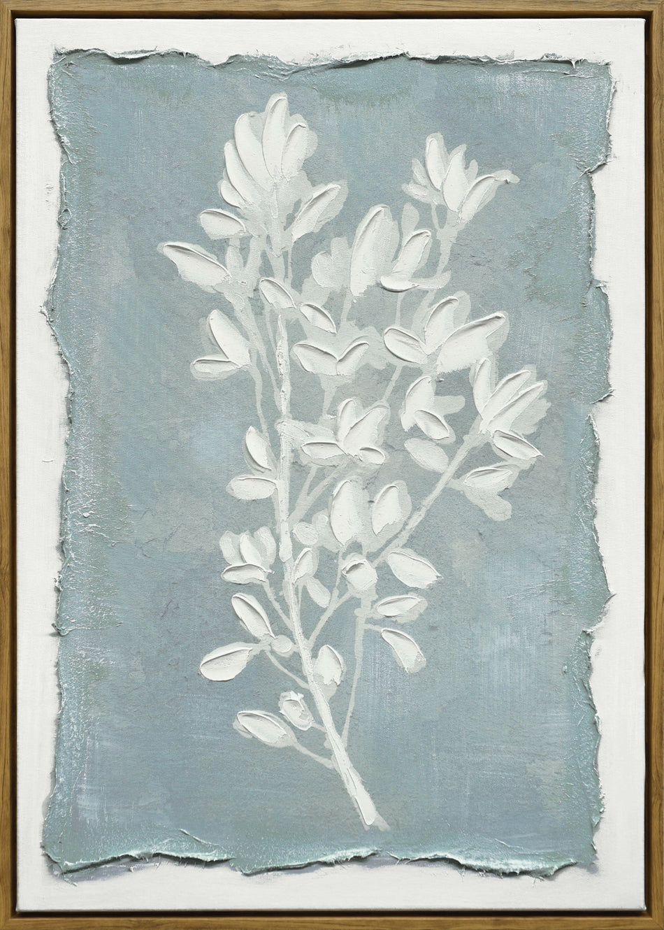 "Whispering Blooms II" Hand-Embellished Canvas In Frame - Blue / White / Wood