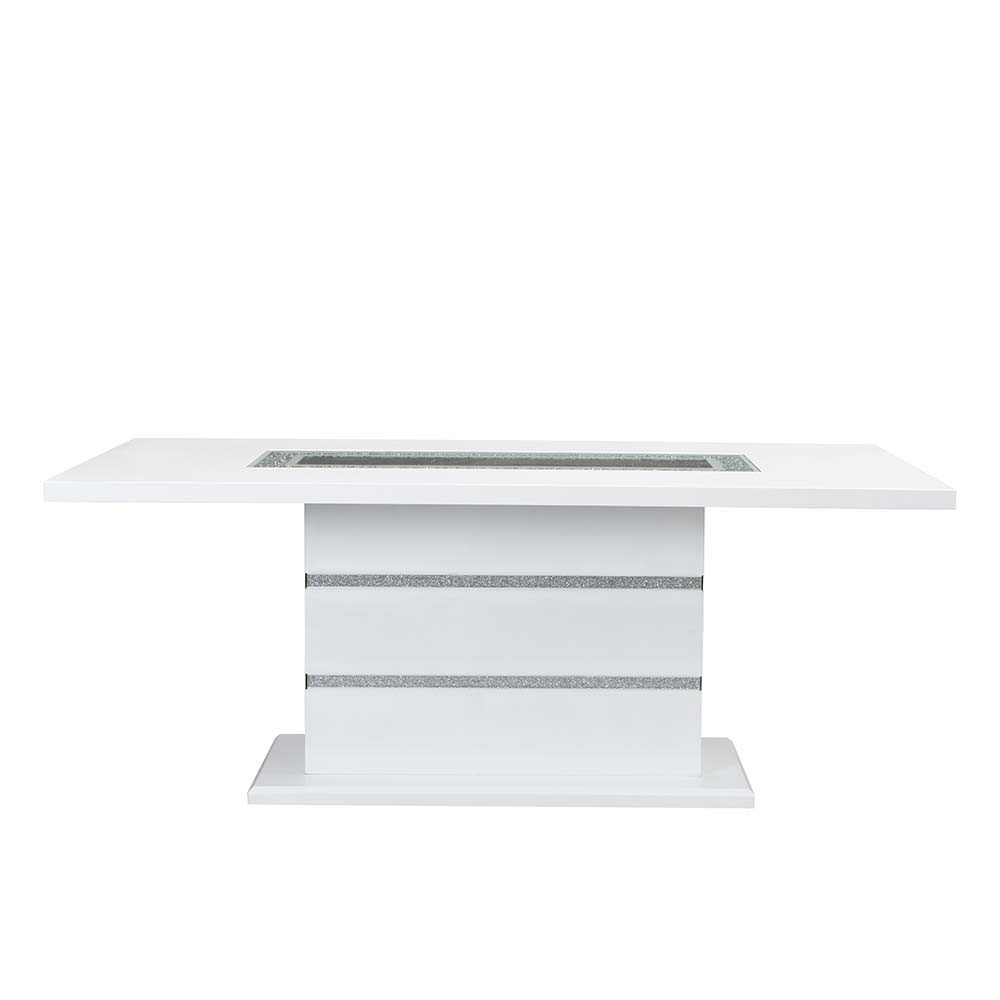 Elizaveta - Mesa de comedor - Terciopelo gris, diamantes de imitación de cristal y acabado blanco de alto brillo