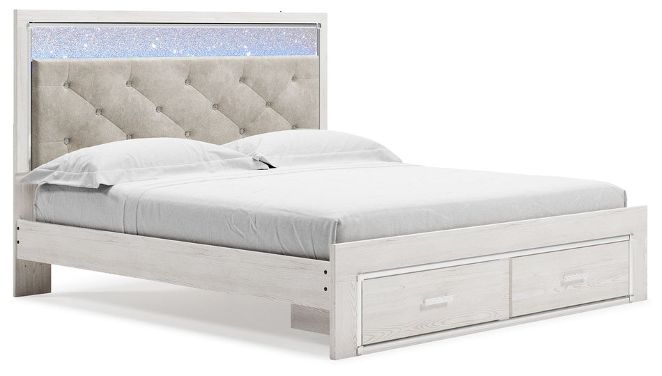 Altyra - Cama King con espacio de almacenaje tapizada en color blanco