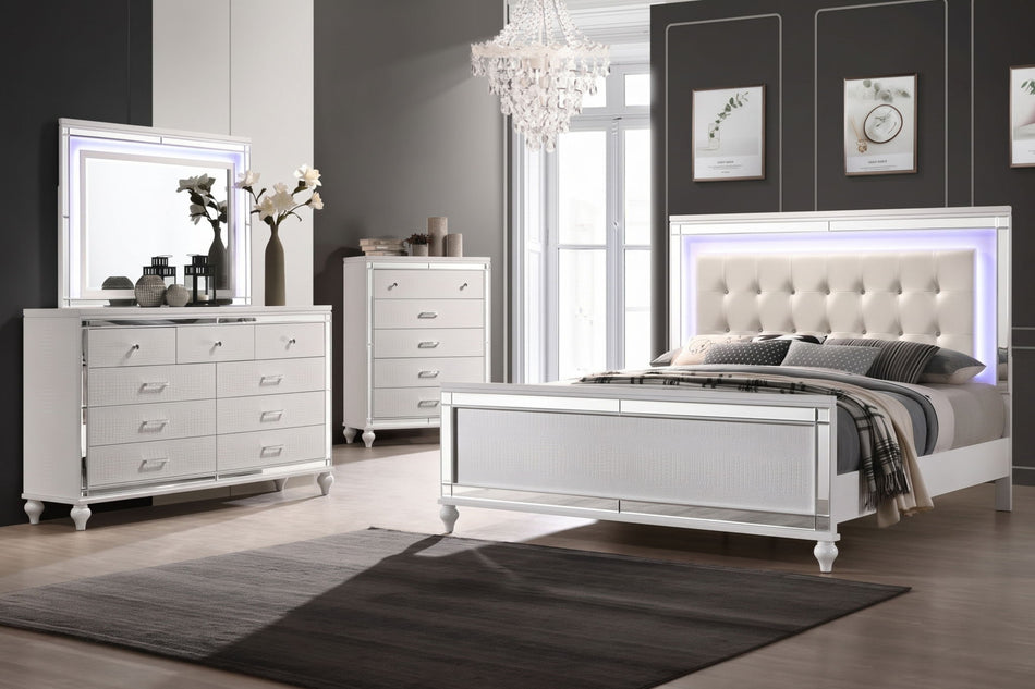 Valentino - Queen 4 Piece Bedroom Set(Bed, Dresser, Mirror, Chest) - White