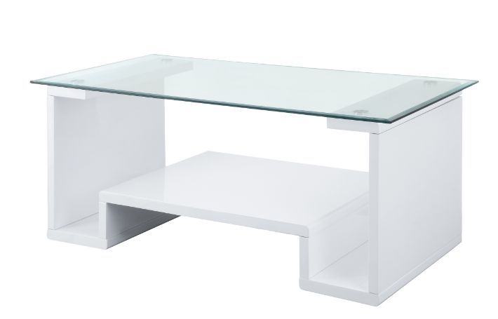 Nevaeh - Mesa de centro - Vidrio transparente y acabado blanco de alto brillo